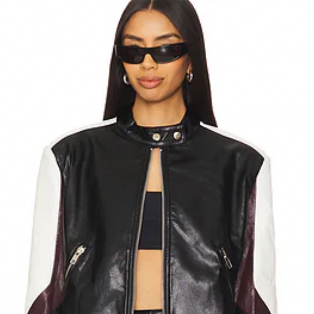 Black and White Leather Colorblock Jacket